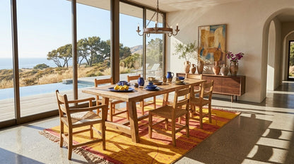 A Beni Ourain rug from Morocco.
A dining room scene with a wooden dining table and matching chairs placed on a bright orange and yellow patterned rug, with large windows showing an ocean view and a sideboard in the background.