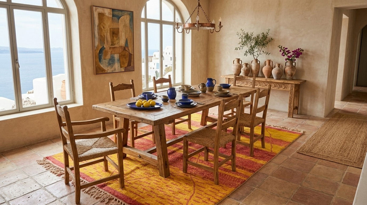 A rustic wooden dining table with six matching wooden chairs, set on a vibrant yellow and red patterned rug in a Mediterranean-style dining room with large arched windows overlooking the sea.
