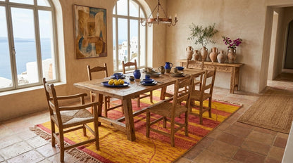 A rustic wooden dining table with six matching wooden chairs, set on a vibrant yellow and red patterned rug in a Mediterranean-style dining room with large arched windows overlooking the sea.