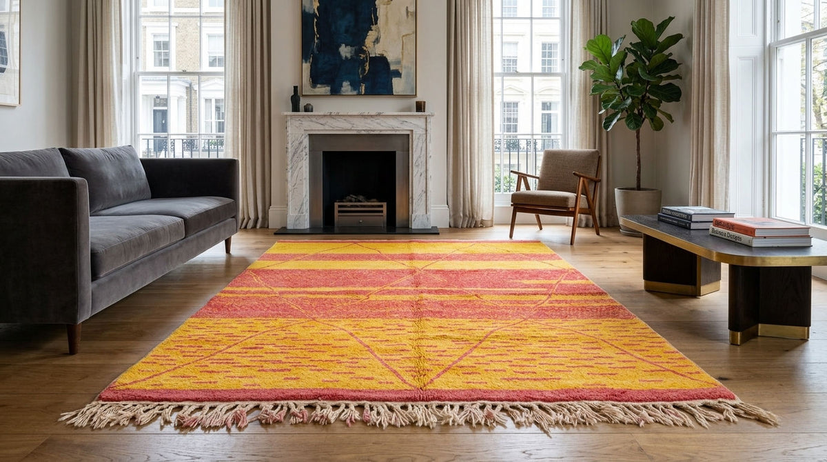 A rectangular Beni Ourain rug with a yellow, orange, and red striped pattern and fringe, styled in a bright, modern living room with a gray sofa, fireplace, and wooden floors. A superb Moroccan rug.