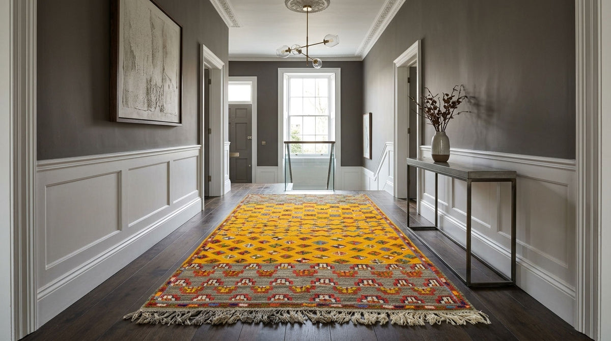  one-of-a-kind Moroccan wool rug was handwoven by Berber women artisans in the Atlas Mountains of Morocco using traditional rug-making techniques.

The rug is centre stage in a hallway.
