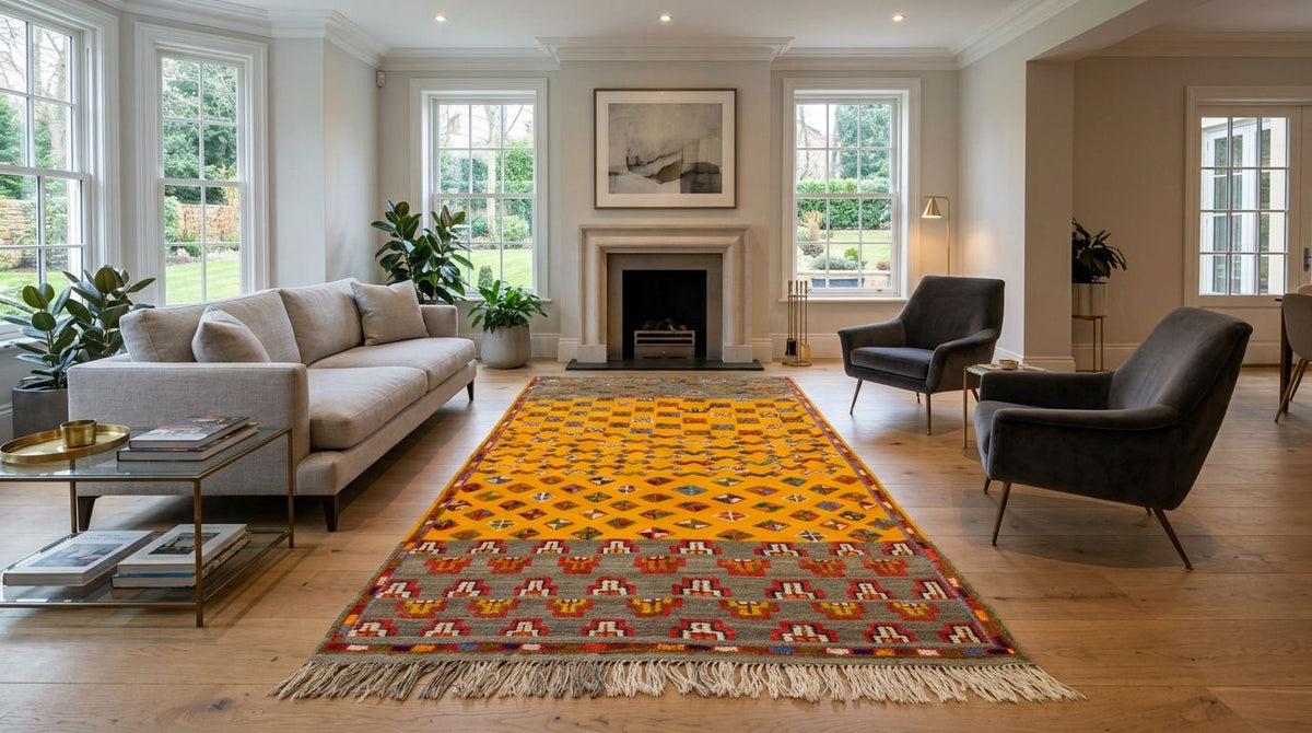  one-of-a-kind Moroccan wool rug was handwoven by Berber women artisans in the Atlas Mountains of Morocco using traditional rug-making techniques.

Crafted from 100% hand-spun wool, it combines a flatwoven base with raised, delicately hand-knotted tribal motifs. The striking design features a vibrant yellow central field framed by natural beige-grey wool at both ends, accented throughout with multicoloured knotted details in red, blue, green, orange, and white. 