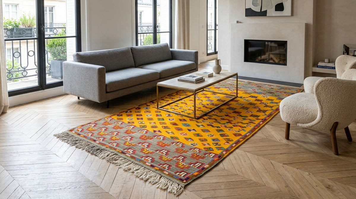 A yellow and orange patterned area rug with fringe, styled in a modern living room with a gray sofa, white armchair, and wood herringbone floor.