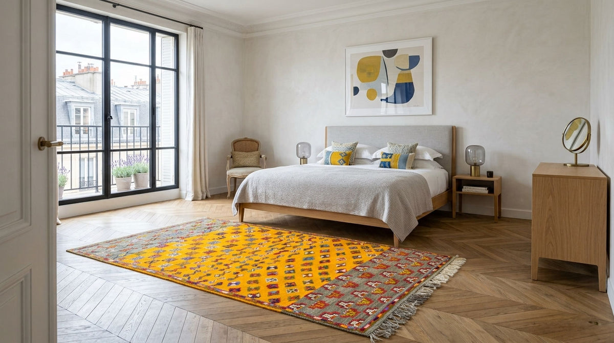 A modern bedroom featuring a prominent yellow and orange patterned area rug on a light wood herringbone floor. The room includes a wooden bed frame, bedside tables, a wooden dresser with a mirror, and a large window looking out onto a balcony.