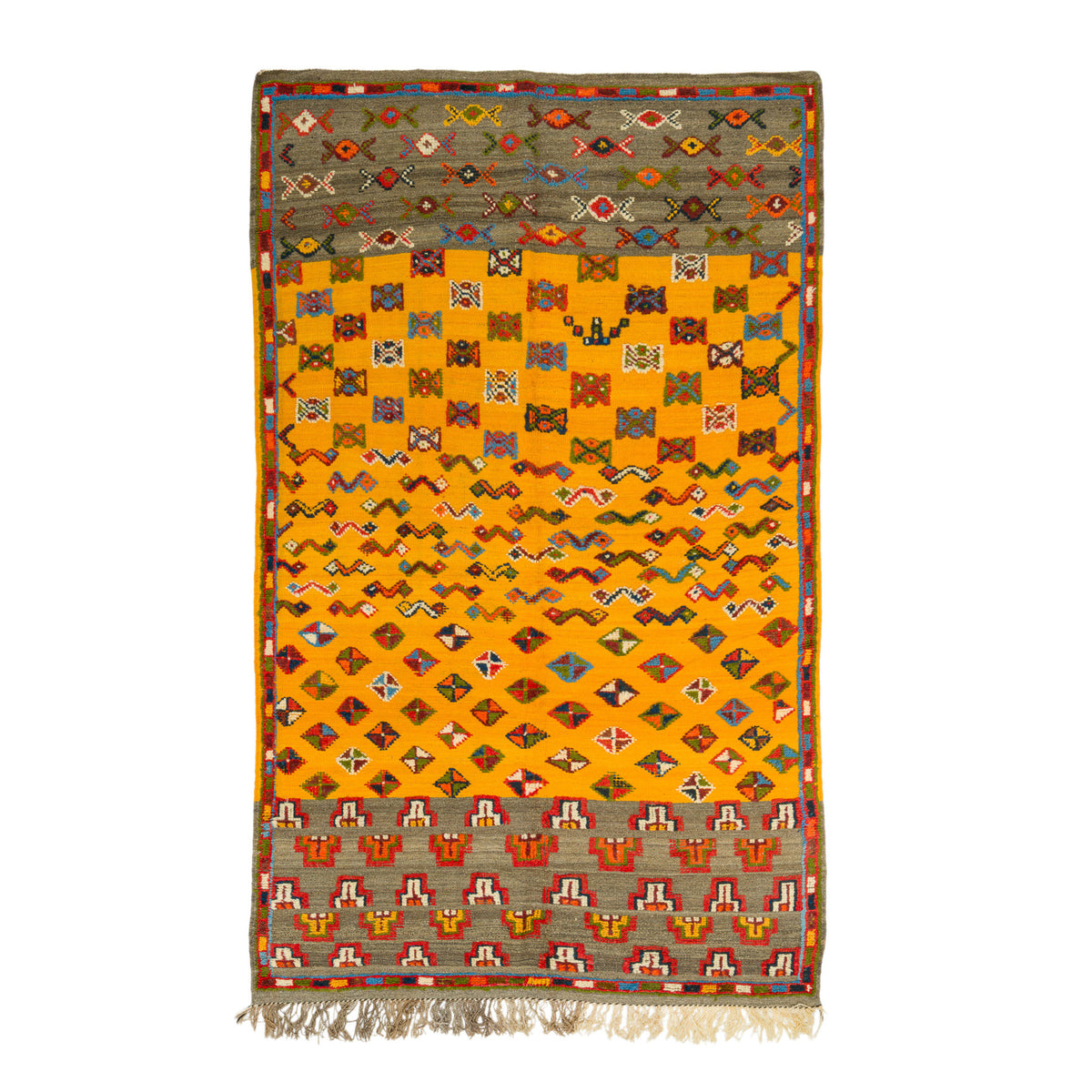 A rectangular kilim rug with a vibrant mustard yellow center, decorated with geometric diamond patterns and bordered by gray and red bands, finished with a fringed bottom edge.