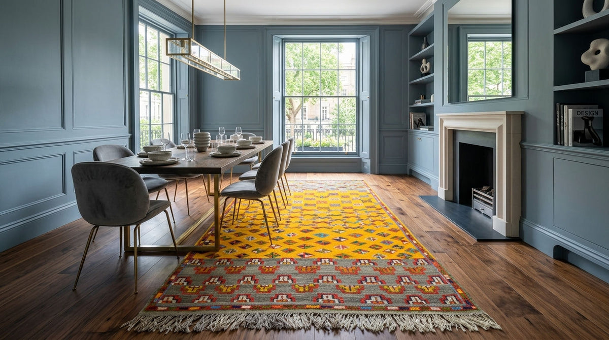 Moroccan wool rug was handwoven by Berber women artisans in the Atlas Mountains of Morocco using traditional rug-making techniques. The rug is set in a dining room.

