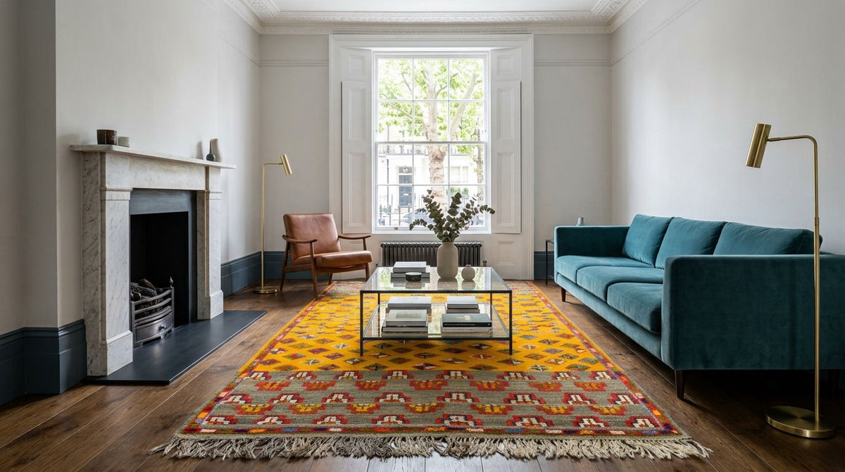 Moroccan wool rug handwoven  100% hand-spun wool, it combines a flatwoven base with raised, delicately hand-knotted tribal motifs. The striking design features a vibrant yellow central field framed by natural beige-grey wool at both ends, accented throughout with multicoloured knotted details in red, blue, green, orange, and white. 
