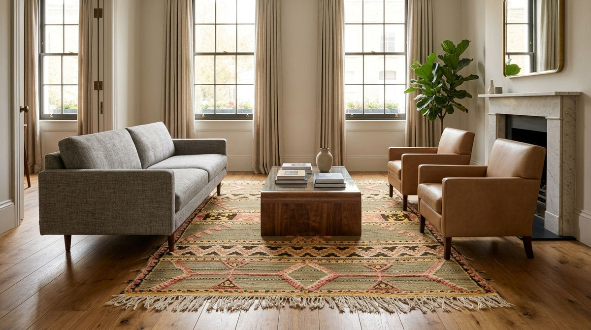 A styled living room featuring a geometric patterned vintage moroccan kilim rug with fringe, a gray fabric sofa, two tan leather armchairs, a wooden coffee table, and a fireplace in the background.