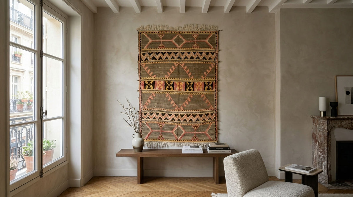 A large vintage moroccan kilim rug used as wall hanging with geometric tribal patterns in beige, orange, brown, and black hangs on a textured wall in a bright, modern living room with a wooden bench, window, and armchair.