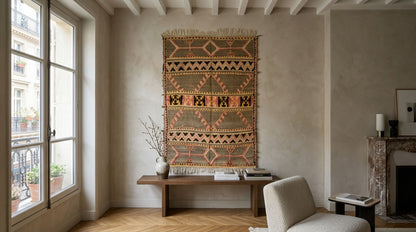 A large vintage moroccan kilim rug used as wall hanging with geometric tribal patterns in beige, orange, brown, and black hangs on a textured wall in a bright, modern living room with a wooden bench, window, and armchair.