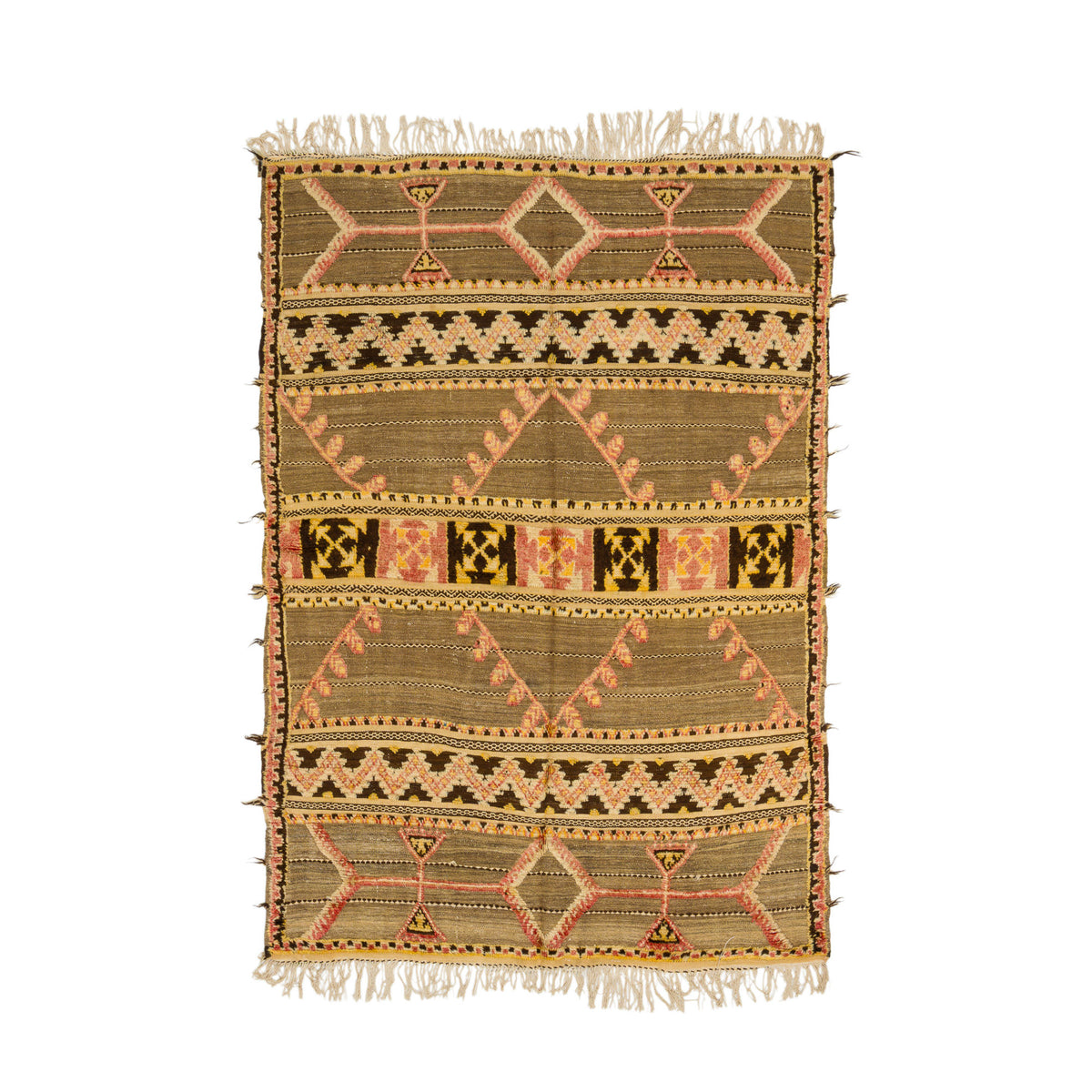 Vintage Moroccan kilim rug with a geometric tribal pattern in beige, brown, pink, and black, featuring fringed edges on a white background.