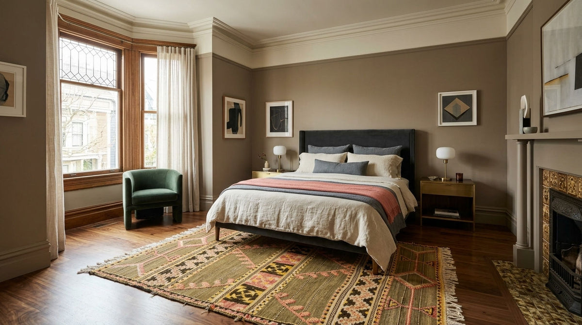 A vintage moroccan kilim rug styled within a bedroom interior featuring a bed dressed in beige, white, and muted red bedding, set against taupe-brown walls. A large patterned green and orange rug covers the hardwood floor, and a green armchair sits near a bay window.