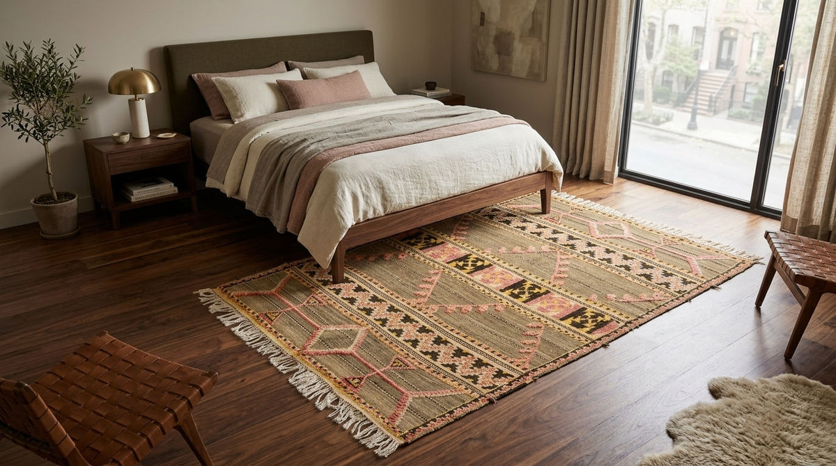 A vintage moroccan kilim rug patterned area rug with fringe is styled on a dark wood floor in a modern bedroom setting with a bed, nightstand, and large windows.