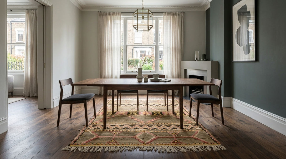 A vintage moroccan kilim rug in a dining room scene featuring a rectangular wooden dining table with four dark upholstered chairs. The room has dark wood floors, sheer curtains, a geometric pendant light, and a dark green accent wall.