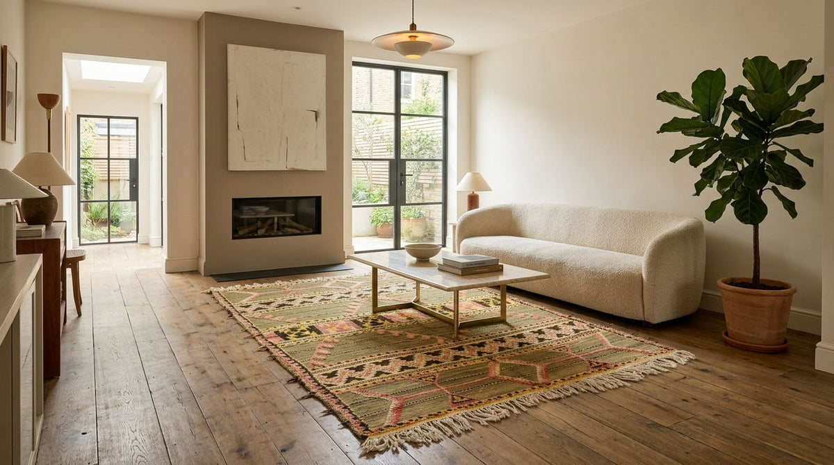 A styled living room interior featuring a cream-colored sofa, a patterned geometric area rug, a wooden coffee table, a fireplace, and a large potted fiddle-leaf fig plant.