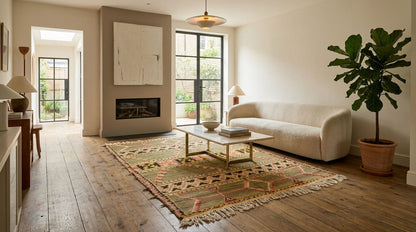 A styled living room interior featuring a cream-colored sofa, a patterned geometric area rug, a wooden coffee table, a fireplace, and a large potted fiddle-leaf fig plant.