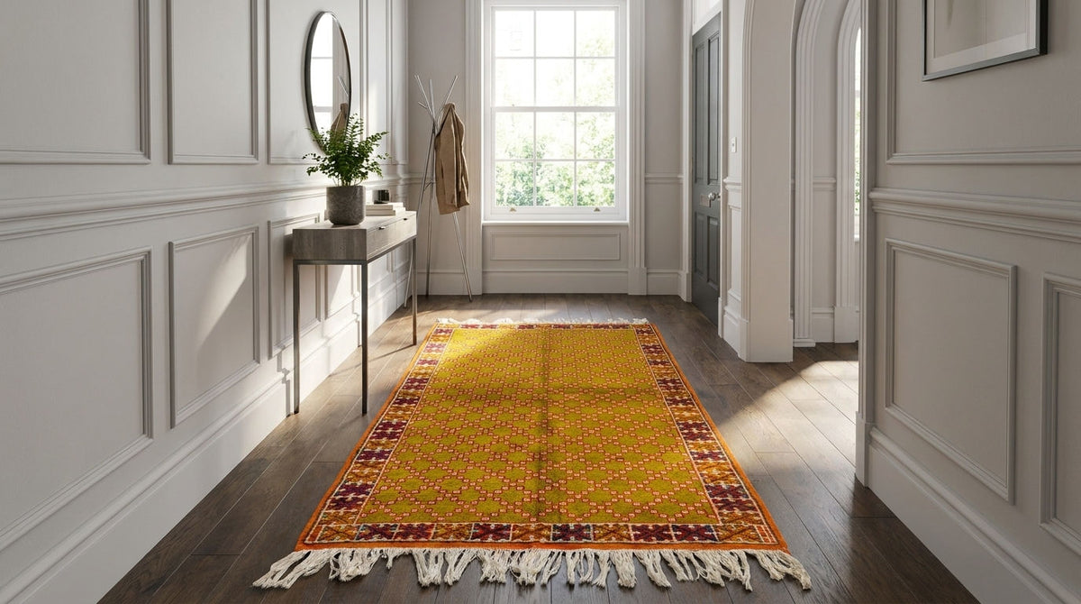 A rectangular yellow area rug with a red and orange patterned border and cream fringe, displayed on a dark wood floor in a bright, white-paneled hallway.
