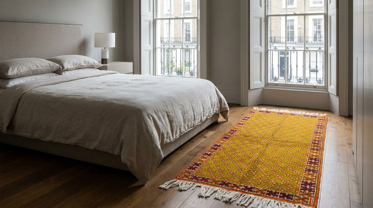 A bright yellow patterned area rug with fringe, styled on a wooden floor in a modern bedroom next to a bed with neutral bedding.