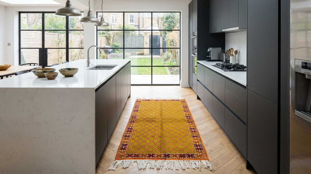 A modern kitchen interior with dark gray cabinetry, a white marble island, and a yellow patterned runner rug on light wood flooring.