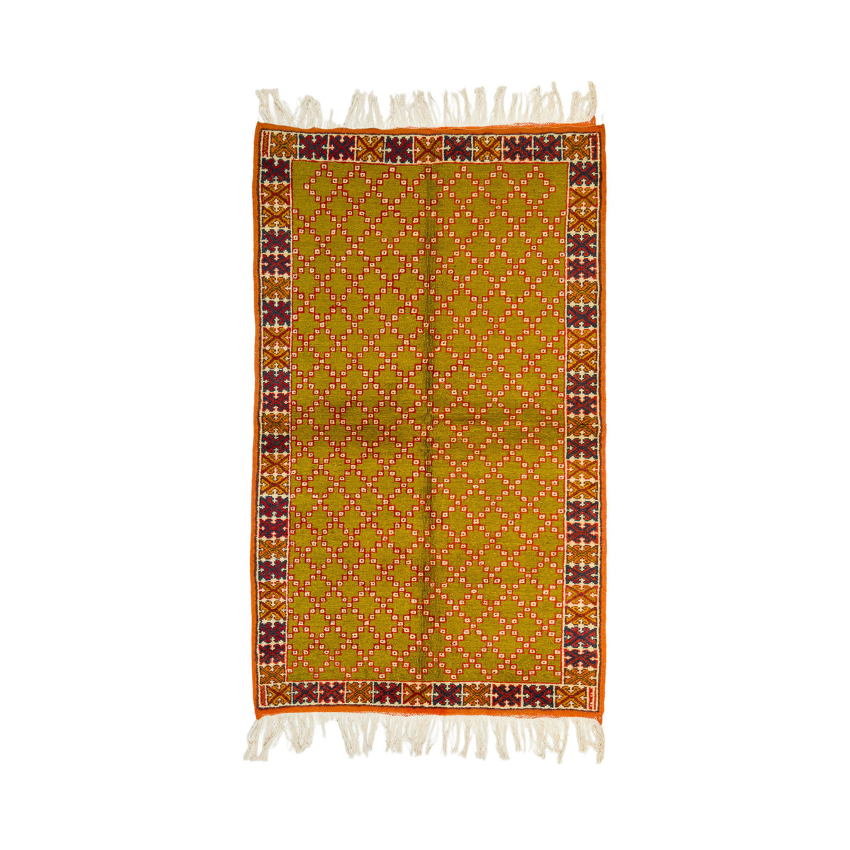 A rectangular woven textile with cream fringe on both ends, featuring a mustard yellow field with a repeating small geometric pattern and a decorative border in orange, burgundy, and cream.