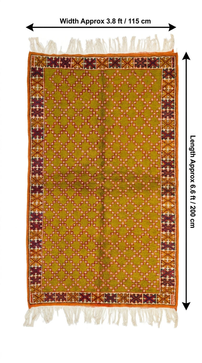 A rectangular patterned Morocca rug with fringe on both ends, shown flat against a white background with measurement arrows and text indicating width approx 3.8 ft (115 cm) and length approx 6. 