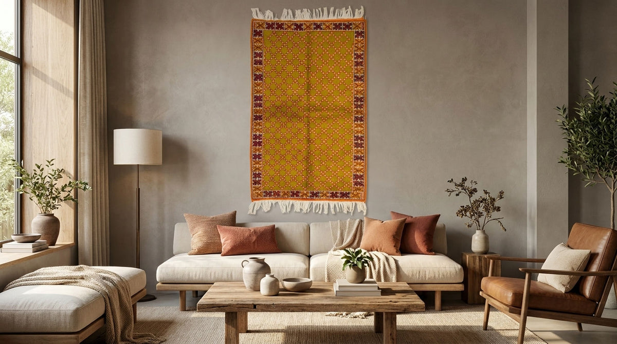 A large rectangular wall hanging rug with fringe, displayed in a styled living room above a cream sofa with rust and pink pillows.