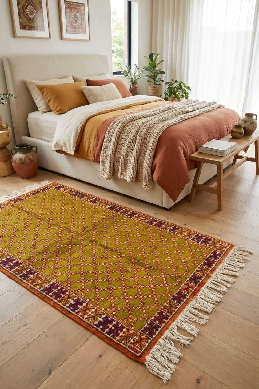 A rectangular Moroccan Vintage area rug with a mustard yellow center, orange and red geometric borders, and cream fringe, styled in a bright, modern bedroom next to a bed with neutral-toned bedding.