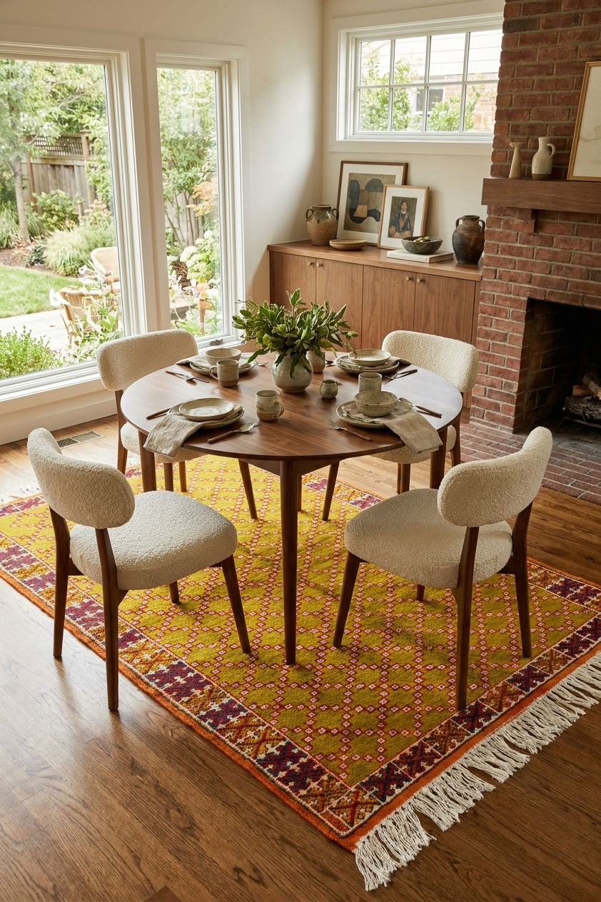 A round wooden dining table with four upholstered cream chairs in a bright dining room, set on a colorful patterned area rug with white fringe. Large windows, a brick fireplace, and a wooden credenza are visible in the background.
