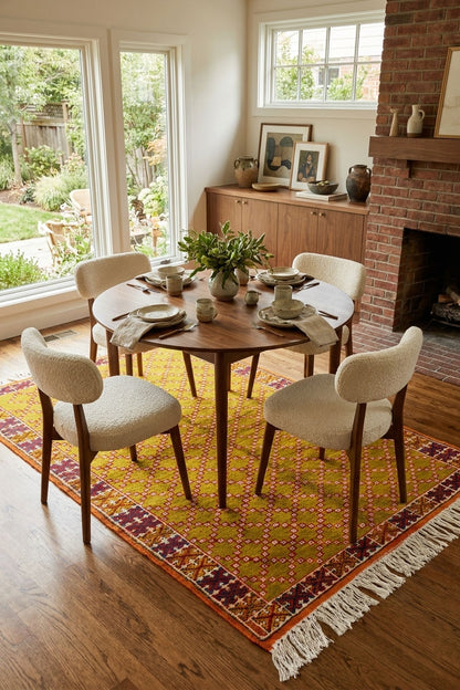 A round wooden dining table with four upholstered cream chairs in a bright dining room, set on a colorful patterned area rug with white fringe. Large windows, a brick fireplace, and a wooden credenza are visible in the background.