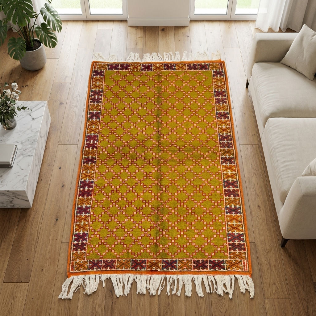 A rectangular area rug with a mustard yellow center, orange border, and cream fringe, displayed on a light wood floor in a bright living room next to a white sofa.