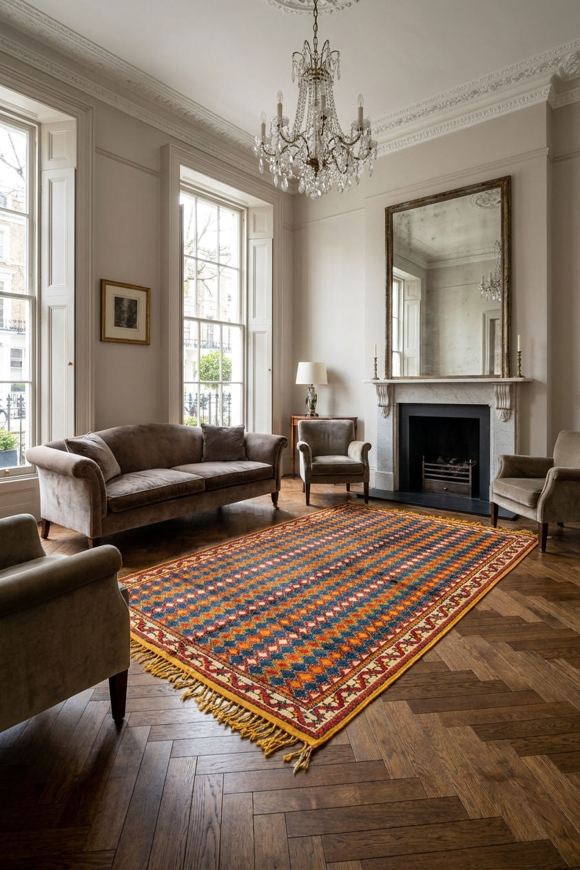 A large rectangular area rug with a colorful geometric pattern and fringe, displayed on a dark wood herringbone floor in a classic living room with a fireplace, sofa, and chandelier.