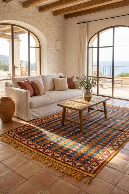 A large traditional patterned area rug in red, blue, orange, and gold tones is styled in a bright, sunlit Mediterranean living room with a cream sofa, wooden coffee table, and terracotta tile floors.