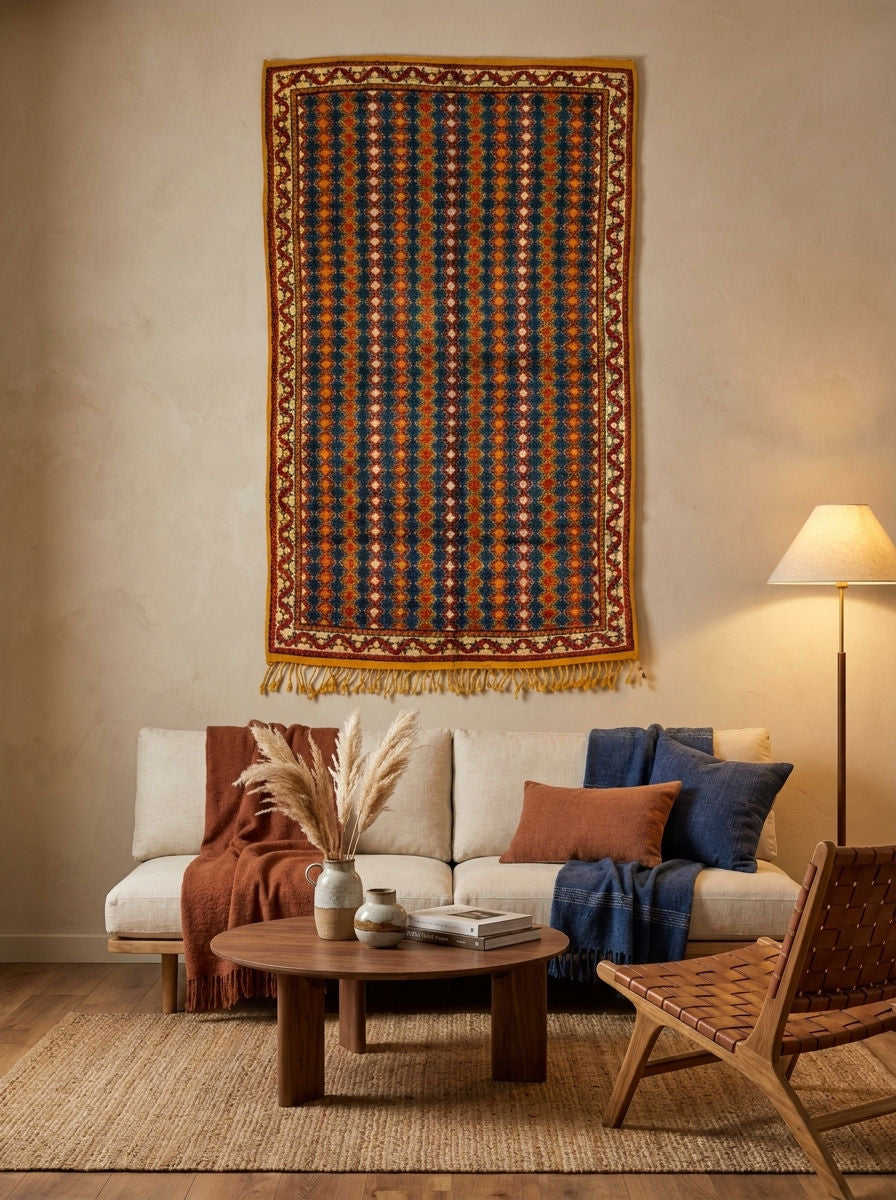 A large rectangular woven wall hanging with a geometric pattern in navy, rust orange, beige, and brown, displayed above a cream sofa in a styled living room.