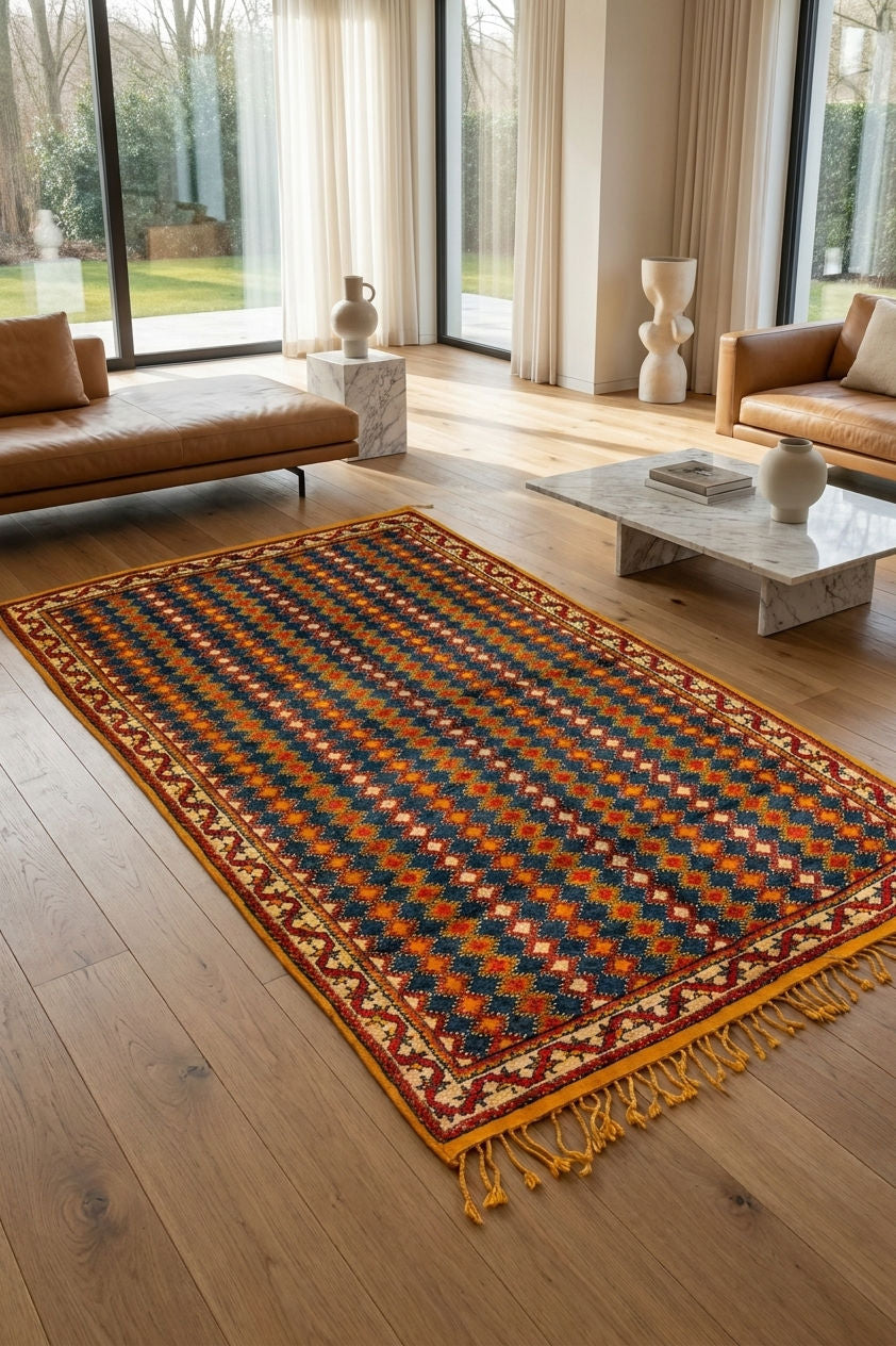 A rectangular area rug with a geometric pattern in navy, orange, red, and cream, styled on a light wood floor in a modern living room setting.