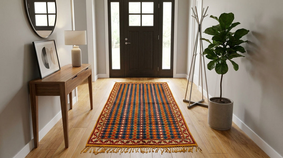 A Vintage Taznakht Moroccan patterned entryway rug with fringe, shown in a styled home hallway with a wooden console table, mirror, door, coat rack, and potted plant.