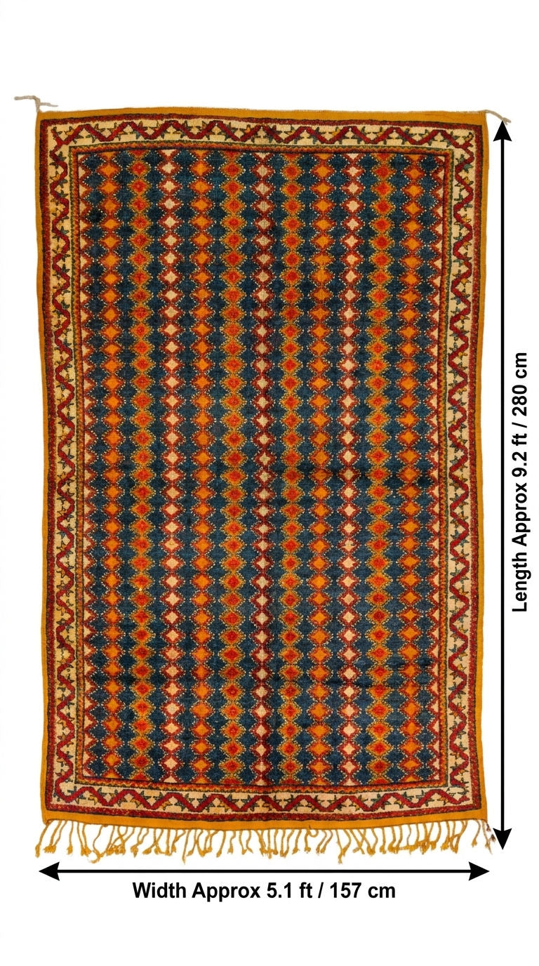 A rectangular patterned Taznakht rug with fringe at the bottom, shown flat against a white background with measurement arrows and text indicating width approximately 5.1 ft (157 cm) and length approximately 9.