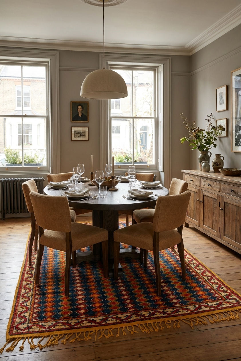 A styled dining room featuring a round dark wood table set with white plates and wine glasses, surrounded by six upholstered beige chairs on a colorful patterned area rug. The room has gray walls, tall windows, a wooden sideboard, and a large dome pendant light hanging above the table.