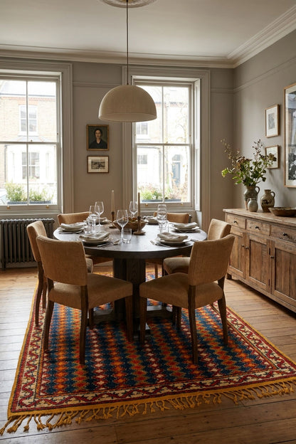 A styled dining room featuring a round dark wood table set with white plates and wine glasses, surrounded by six upholstered beige chairs on a colorful patterned area rug. The room has gray walls, tall windows, a wooden sideboard, and a large dome pendant light hanging above the table.