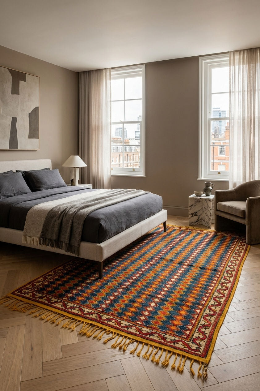 A large patterned area rug with gold fringe is styled on a light wood herringbone floor in a modern bedroom setting with a bed, armchair, and windows.