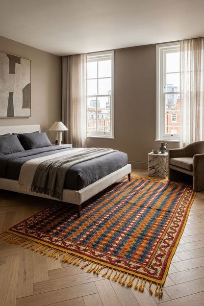 A large patterned area rug with gold fringe is styled on a light wood herringbone floor in a modern bedroom setting with a bed, armchair, and windows.