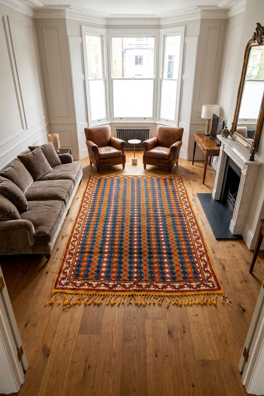 A rectangular patterned area rug with fringe, laid out on a hardwood floor in a bright living room with a sofa, two armchairs, windows, and a fireplace.