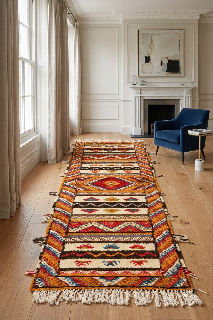 A long, colorful patterned wool runner rug with fringe is displayed on a light wood floor in a bright, classic living room with a blue armchair and white walls.