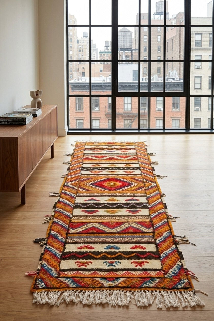 A long, narrow woven runner rug with geometric patterns in orange, red, beige, black, and blue, styled on a light wood floor in a modern room with a large window.