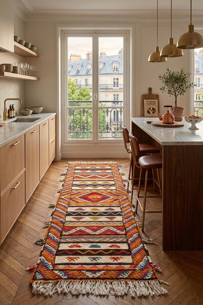 A long, colorful geometric patterned runner rug with fringe is displayed on a wooden floor in a modern kitchen setting.