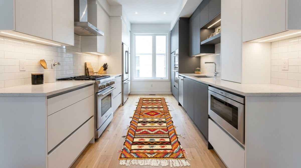 A modern kitchen with white and dark gray cabinets, light wood floors, and a colorful geometric patterned runner rug laid down in the center aisle.