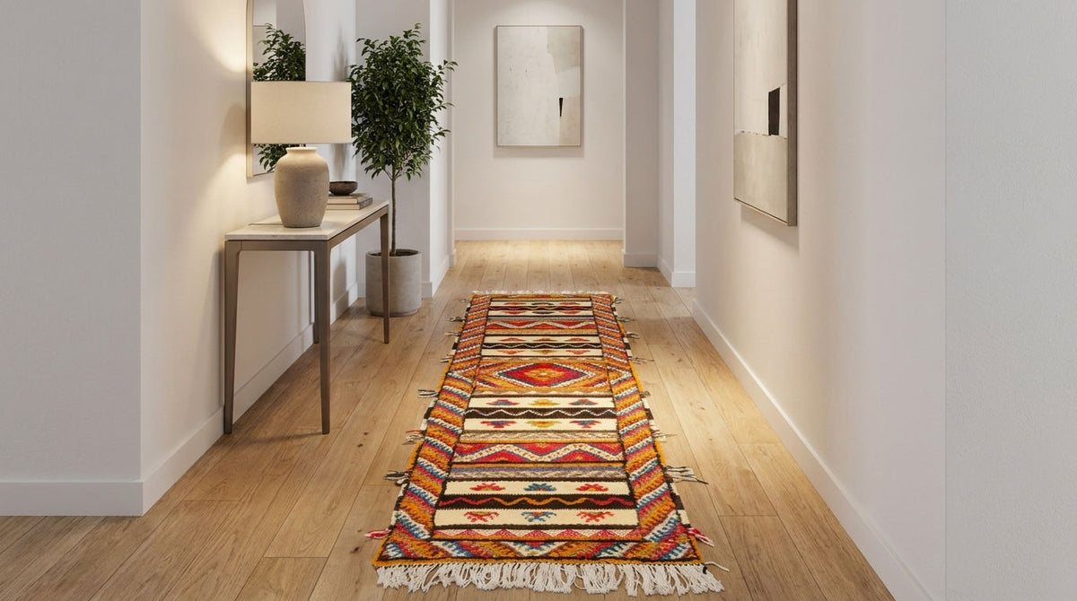 A long rectangular woven runner rug with fringe, shown in a real hallway with light wood floors, white walls, a console table, lamp, and plant.