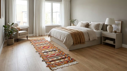 A styled bedroom interior with a bed dressed in neutral beige and white bedding, a patterned orange, red, and cream runner rug on light wood flooring, a bedside table with a lamp, and a chair by tall windows with white curtains.