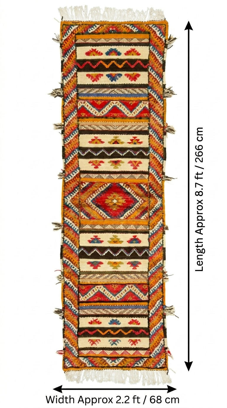 A patterned runner rug shown flat against a white background with measurement arrows and text indicating length approximately 8.7 ft (266 cm) and width approximately 2.2 ft.