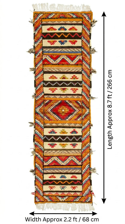A patterned runner rug shown flat against a white background with measurement arrows and text indicating length approximately 8.7 ft (266 cm) and width approximately 2.2 ft.
