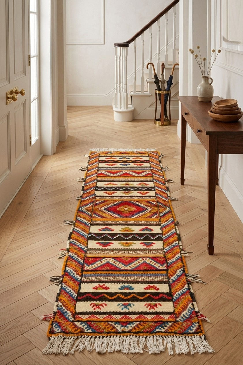 A long, narrow woven runner Glaoui Moroccan rug with fringe ends is displayed on a light wood herringbone floor in a bright hallway. The rug features a colorful Southwestern geometric pattern with red, orange, yellow, blue, and cream stripes and diamond motifs.